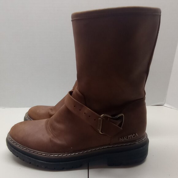 Nautica Brown Leather Mid-Calf Moto Boots Size 8 Workwear Style - Picture 1 of 8